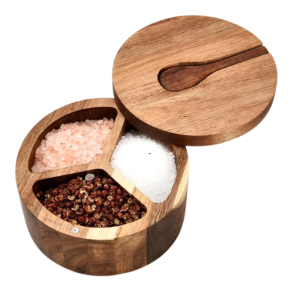 Wood Salt and Pepper Box, 3 Compartment Salt and Pepper Cellar With Lid and Spoon,Spice Condiment Container for Kitchen Countertop
